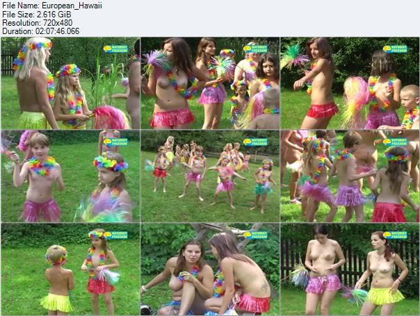 Young and adult nudists on nature video